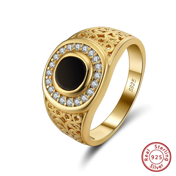 Men's Black Agate Ring S925 Sterling Silver Electroplated