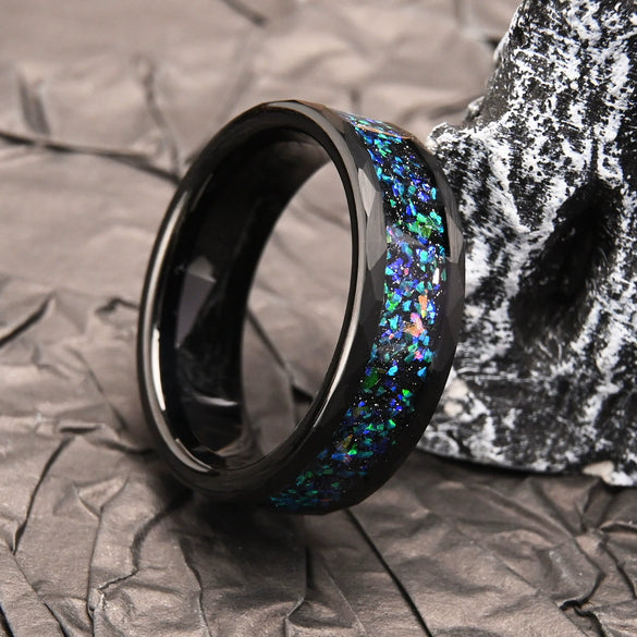 Men's Black Electroplated Tungsten Steel Ring With Blue Green Opal Inlay Minimalist Geometric Unisex Jewelry