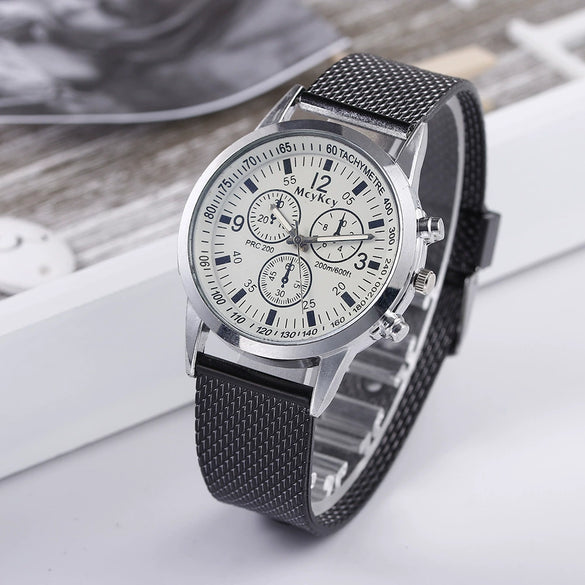 Men's Blue Light Threeeye Quartz Watch With Plastic Mesh Belt And Scale Calendar Alloy Case Silicone Strap Round Dial Plexiglass Mirror Pin Buckle Onion Crown Stainless Steel Clasp