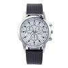 Men's Blue Light Threeeye Quartz Watch With Plastic Mesh Belt And Scale Calendar Alloy Case Silicone Strap Round Dial Plexiglass Mirror Pin Buckle Onion Crown Stainless Steel Clasp