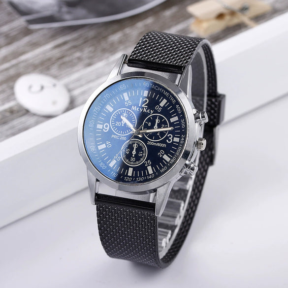 Men's Blue Light Threeeye Quartz Watch With Plastic Mesh Belt And Scale Calendar Alloy Case Silicone Strap Round Dial Plexiglass Mirror Pin Buckle Onion Crown Stainless Steel Clasp
