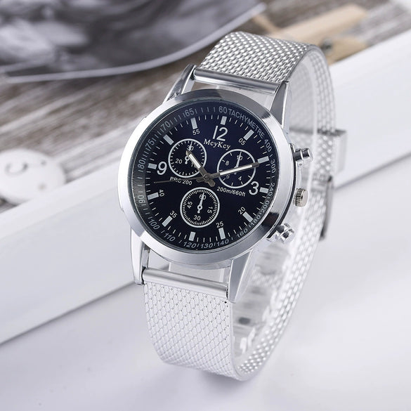 Men's Blue Light Threeeye Quartz Watch With Plastic Mesh Belt And Scale Calendar Alloy Case Silicone Strap Round Dial Plexiglass Mirror Pin Buckle Onion Crown Stainless Steel Clasp