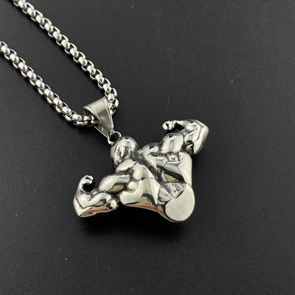 Men's Bodybuilding Arm Muscle Pendant Necklace Stainless Steel Retro Geometric Polished
