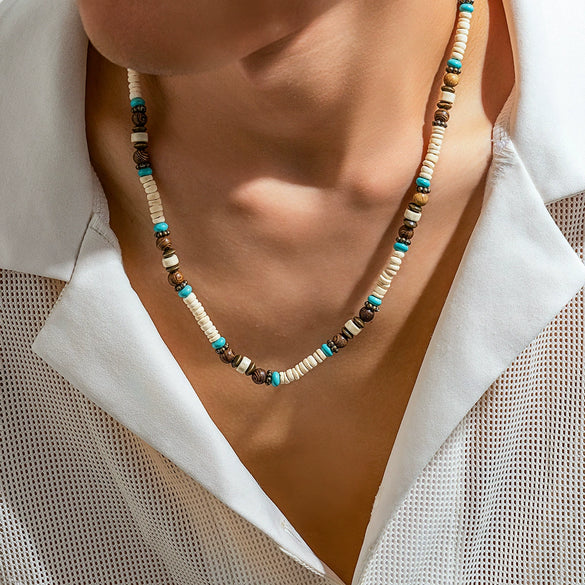 Men's Bohemian Geometric Wooden Bead And Coconut Shell Handmade Necklace