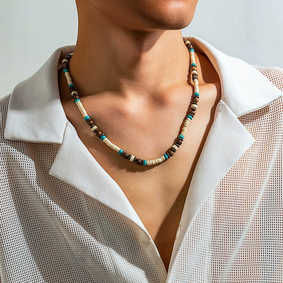 Men's Bohemian Geometric Wooden Bead And Coconut Shell Handmade Necklace