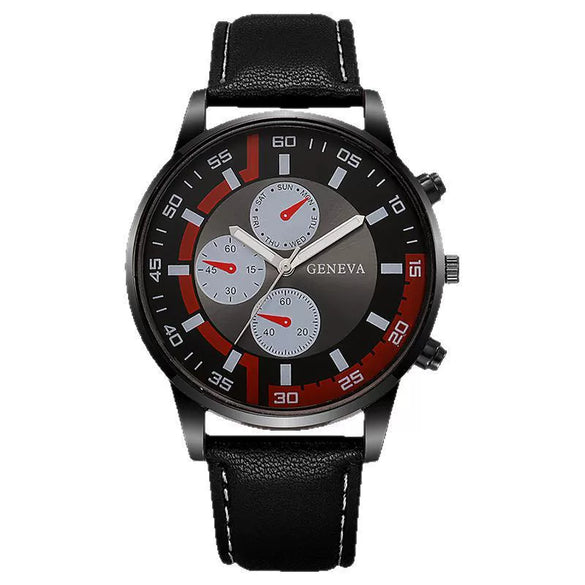Men's Business Alloy Case Pu Strap Electronic Quartz Watch With Threeeye Sun Pattern And Round Dial