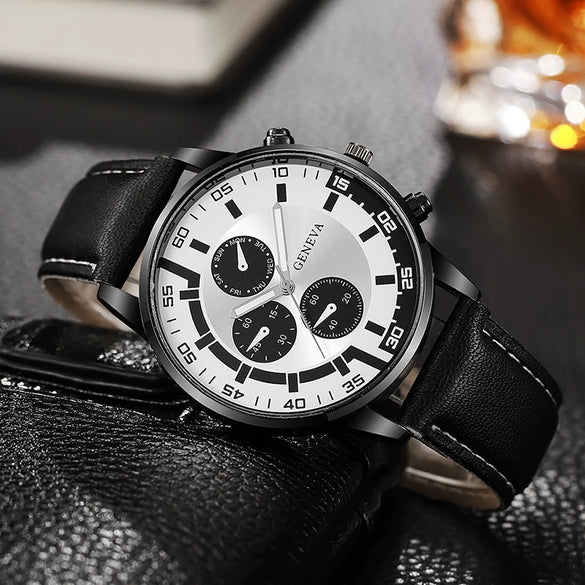 Men's Business Alloy Case Pu Strap Electronic Quartz Watch With Threeeye Sun Pattern And Round Dial