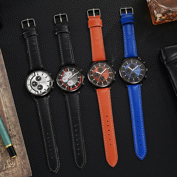 Men's Business Alloy Case Pu Strap Electronic Quartz Watch With Threeeye Sun Pattern And Round Dial