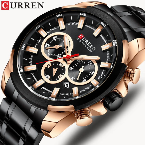 Men's Business Alloy Case Stainless Steel Strap Waterproof Quartz Multi Function Calendar Round Dial Watch