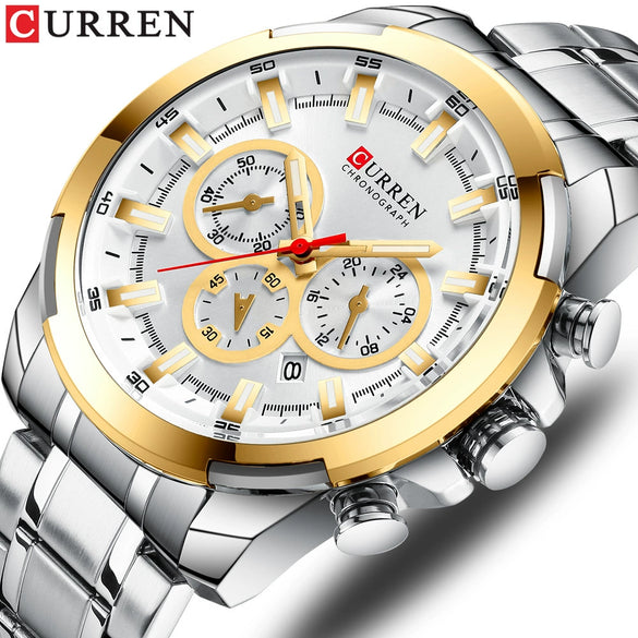 Men's Business Alloy Case Stainless Steel Strap Waterproof Quartz Multi Function Calendar Round Dial Watch