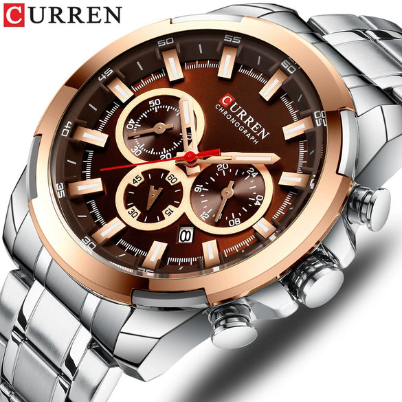 Men's Business Alloy Case Stainless Steel Strap Waterproof Quartz Multi Function Calendar Round Dial Watch