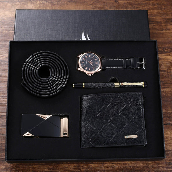 Men's Business Alloy Quartz Watch Gift Set With Stainless Steel Buckle And Round Dial