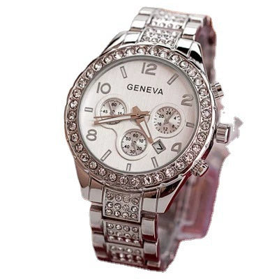 Men's Business Alloy Stainless Steel Round Dial Diamondencrusted Calendar Watch