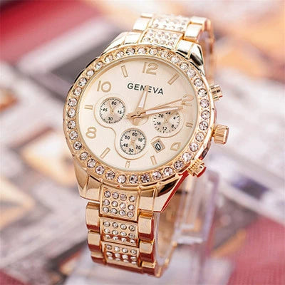 Men's Business Alloy Stainless Steel Round Dial Diamondencrusted Calendar Watch