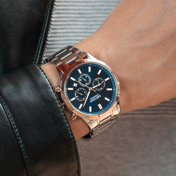 Men's Business Fashion Watch Stainless Steel Belt Round Dial Chronograph Waterproof Luminous Quartz