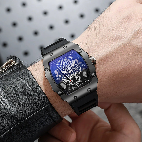 Men's Business Hollow Barrelshaped Quartz Watch Alloy Case Coated Glass Mirror Silicone Strap