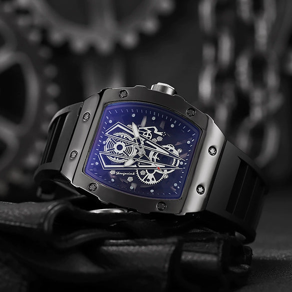 Men's Business Hollow Barrelshaped Quartz Watch Alloy Case Coated Glass Mirror Silicone Strap