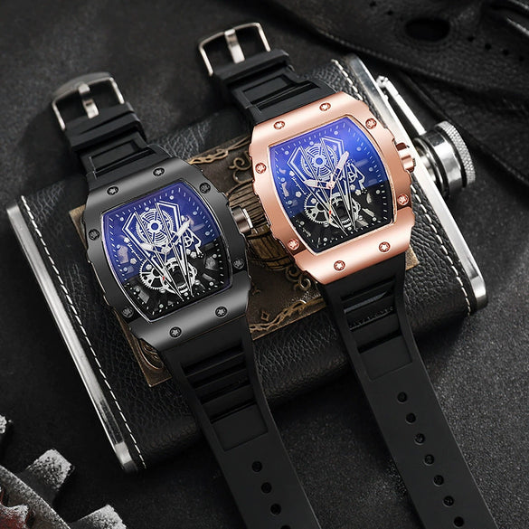 Men's Business Hollow Barrelshaped Quartz Watch Alloy Case Coated Glass Mirror Silicone Strap