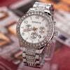 Men's Business Leisure Watch With Three Eye Belt Calendar Diamond Encrusted Alloy Case And Strap Round Dial Stainless Steel Clasp Spiral Crown Ordinary Glass Mirror