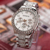 Men's Business Leisure Watch With Three Eye Belt Calendar Diamond Encrusted Alloy Case And Strap Round Dial Stainless Steel Clasp Spiral Crown Ordinary Glass Mirror