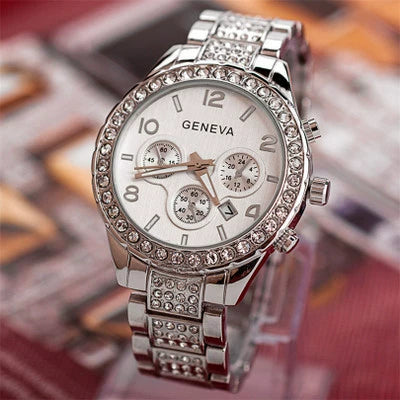 Men's Business Leisure Watch With Three Eye Belt Calendar Diamond Encrusted Alloy Case And Strap Round Dial Stainless Steel Clasp Spiral Crown Ordinary Glass Mirror