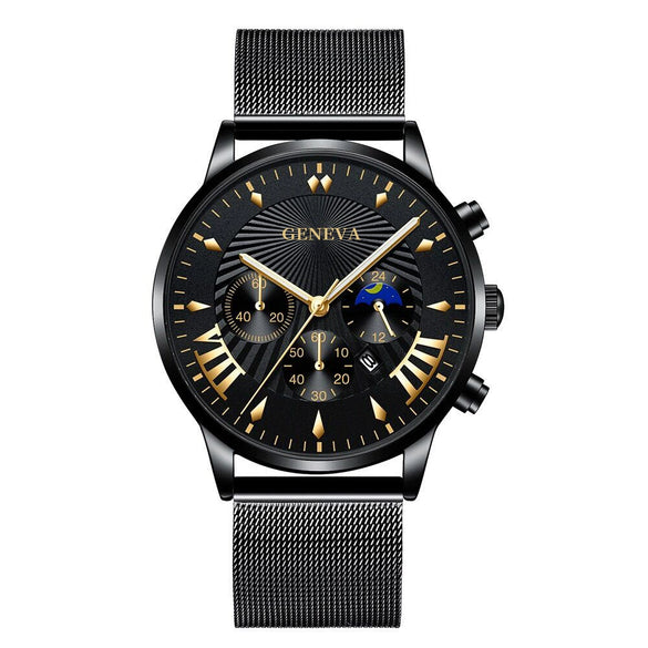 Men's Business Mesh Belt Watch Alloy Case Stainless Steel Strap Round Dial Quartz Watch