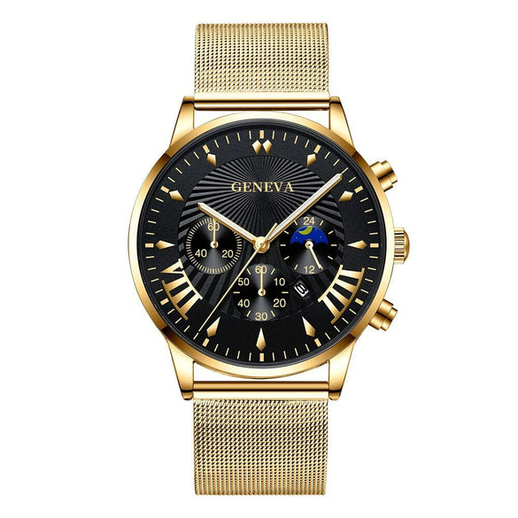 Men's Business Mesh Belt Watch Alloy Case Stainless Steel Strap Round Dial Quartz Watch
