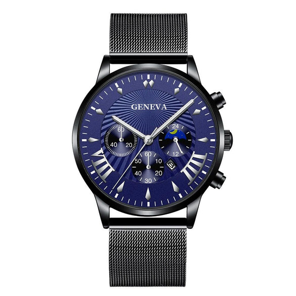 Men's Business Mesh Belt Watch Alloy Case Stainless Steel Strap Round Dial Quartz Watch