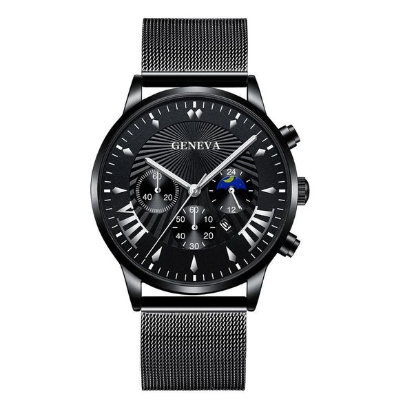 Men's Business Mesh Belt Watch Alloy Case Stainless Steel Strap Round Dial Quartz Watch
