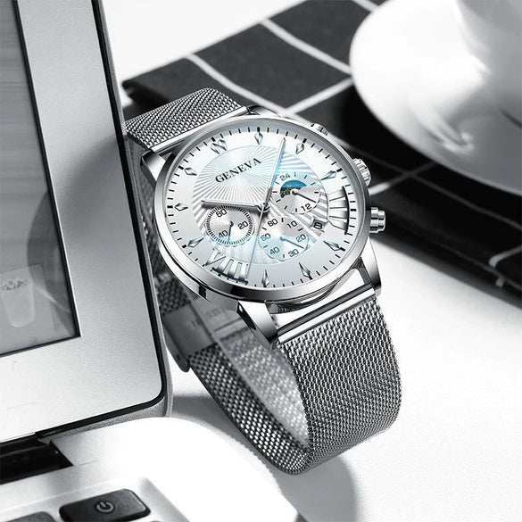 Men's Business Mesh Belt Watch Alloy Case Stainless Steel Strap Round Dial Quartz Watch