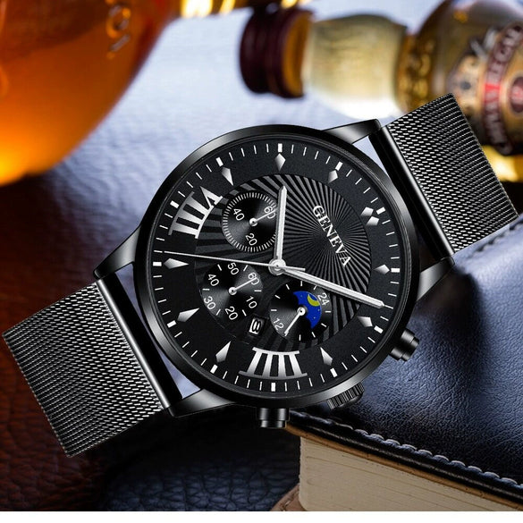 Men's Business Mesh Belt Watch Alloy Case Stainless Steel Strap Round Dial Quartz Watch