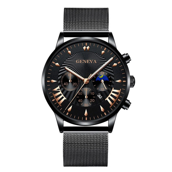 Men's Business Mesh Belt Watch Alloy Case Stainless Steel Strap Round Dial Quartz Watch