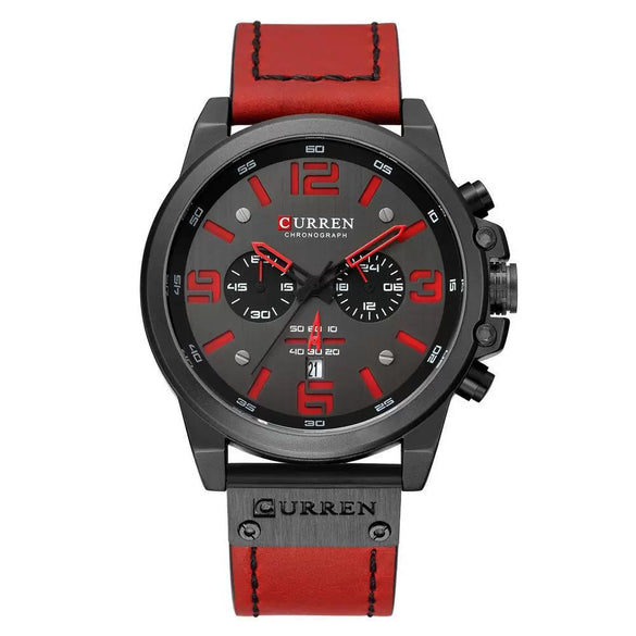 Men's Business Multifunction Automatic Date Waterproof Quartz Watch With Round Dial Stainless Steel Clasp Leather Strap And Alloy Case