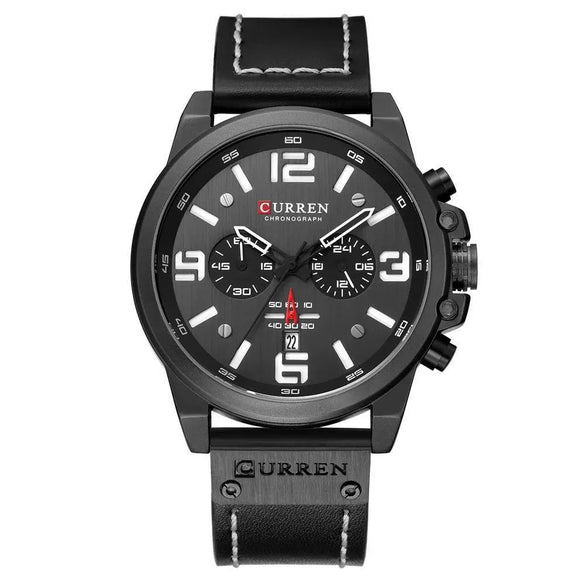 Men's Business Multifunction Automatic Date Waterproof Quartz Watch With Round Dial Stainless Steel Clasp Leather Strap And Alloy Case