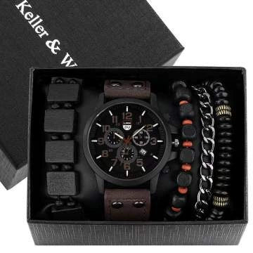 Men's Business Quartz Watch And Allmatch Beaded Bracelet Set Alloy Case Imitation Leather Strap Stainless Steel Clasp Round Dial Mineral Strengthened Mirror