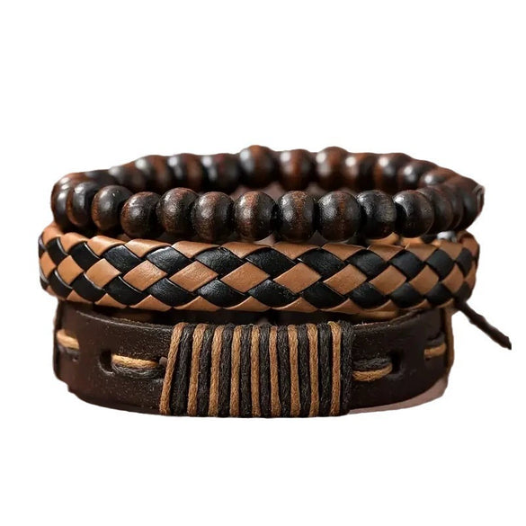 Men's Business Quartz Watch And Allmatch Beaded Bracelet Set Alloy Case Imitation Leather Strap Stainless Steel Clasp Round Dial Mineral Strengthened Mirror