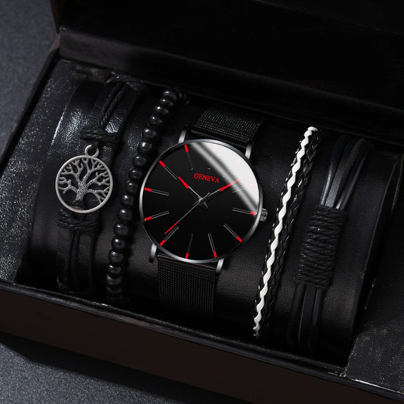 Men's Business Quartz Watch And Bracelet Set Alloy Case Imitation Leather Strap Stainless Steel Buckle Round Dial