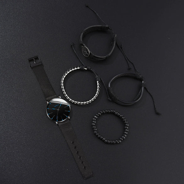 Men's Business Quartz Watch And Bracelet Set Alloy Case Imitation Leather Strap Stainless Steel Buckle Round Dial
