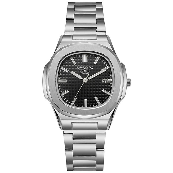 Men's Business Quartz Watch Steel Alloy Square With Diamond Scale Calendar