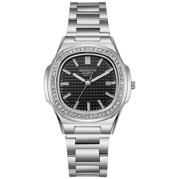 Men's Business Quartz Watch Steel Alloy Square With Diamond Scale Calendar