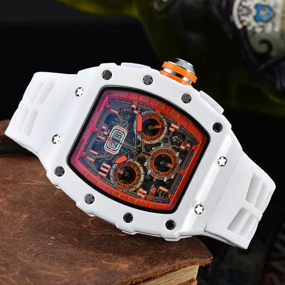 Men's Business Quartz Watch With Hollow Ceramic Style Round Dial Rubber Strap And Pointer Display