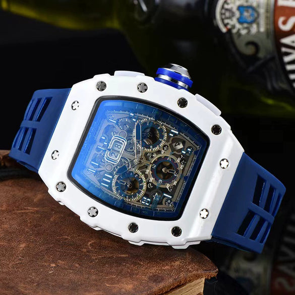 Men's Business Quartz Watch With Hollow Ceramic Style Round Dial Rubber Strap And Pointer Display