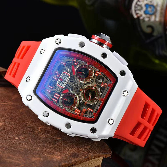 Men's Business Quartz Watch With Hollow Ceramic Style Round Dial Rubber Strap And Pointer Display
