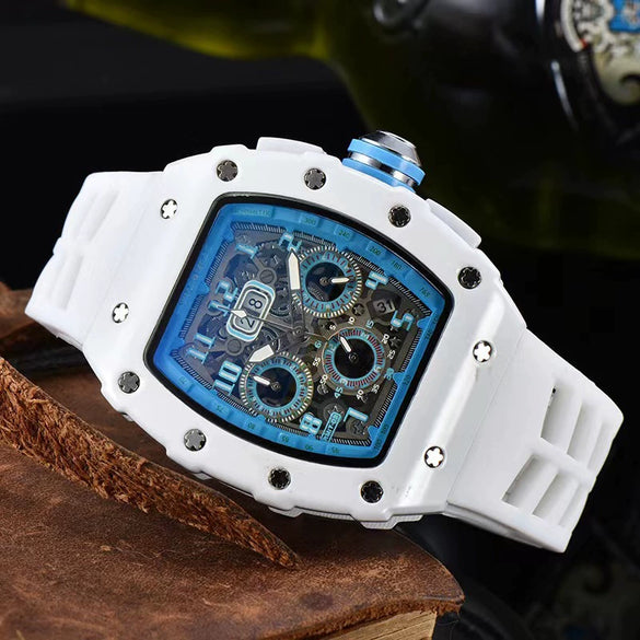 Men's Business Quartz Watch With Hollow Ceramic Style Round Dial Rubber Strap And Pointer Display