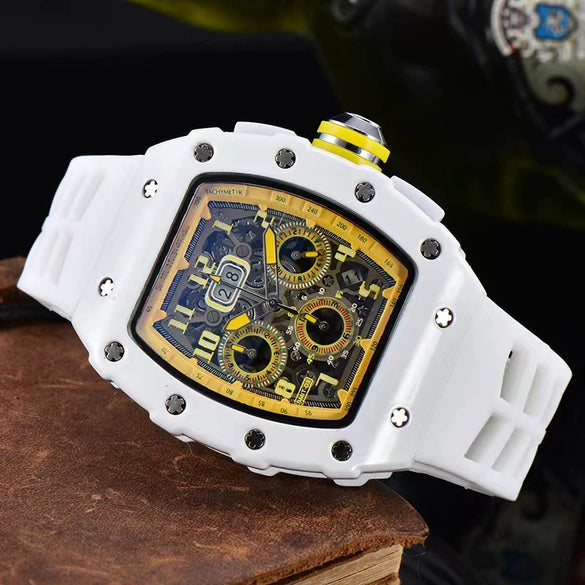 Men's Business Quartz Watch With Hollow Ceramic Style Round Dial Rubber Strap And Pointer Display
