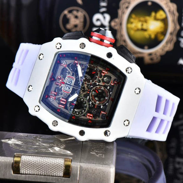 Men's Business Quartz Watch With Hollow Ceramic Style Round Dial Rubber Strap And Pointer Display