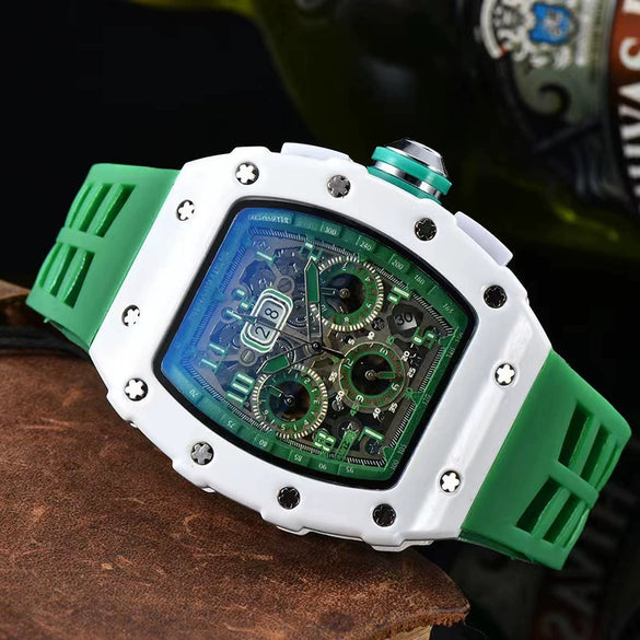 Men's Business Quartz Watch With Hollow Ceramic Style Round Dial Rubber Strap And Pointer Display