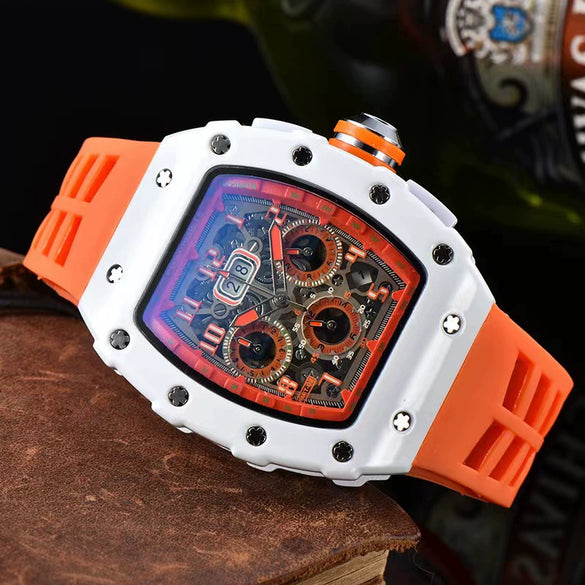 Men's Business Quartz Watch With Hollow Ceramic Style Round Dial Rubber Strap And Pointer Display