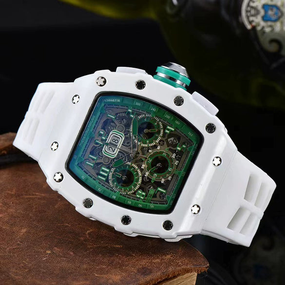 Men's Business Quartz Watch With Hollow Ceramic Style Round Dial Rubber Strap And Pointer Display
