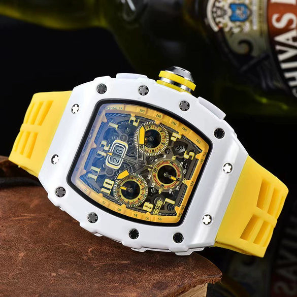 Men's Business Quartz Watch With Hollow Ceramic Style Round Dial Rubber Strap And Pointer Display